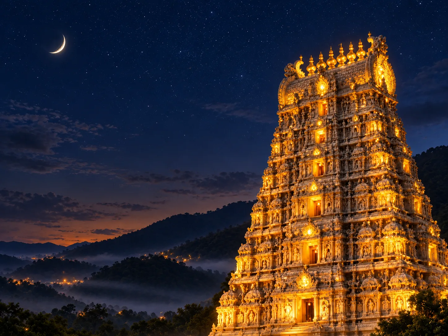 Tirumala temple gopuram lit up at night